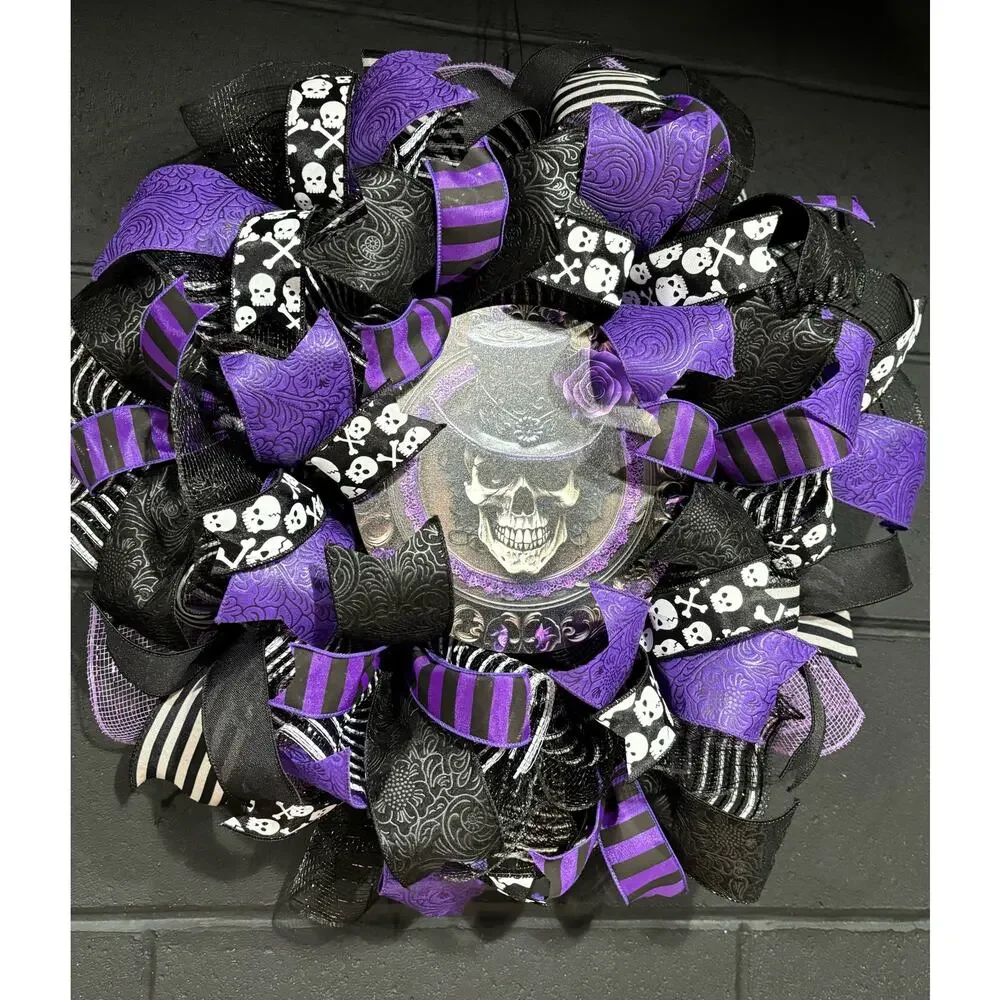 Halloween Wreath Gothic Purple Skull Handmade Deco Mesh 20 Inch